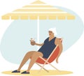 Old senior lady enjoying a coconut cocktail on the beach underÃÂ parasol. Carefree retirement, travel, tropical vacation, summer